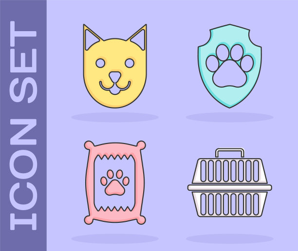 设置宠物携带箱，猫，狗的食物袋和动物健康保险图标。向量图片下载