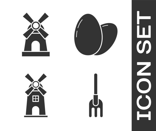 设置花园耙，风车，风车和鸡蛋的图标。向量图片下载