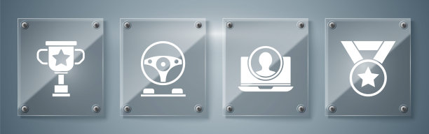 设置奖章，创建帐户屏幕，赛车模拟器驾驶舱和奖杯。方形玻璃面板。向量图片下载