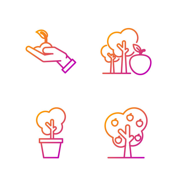 线树苹果，树在锅，芽在环保手中，树与苹果。渐变颜色图标。向量图片下载
