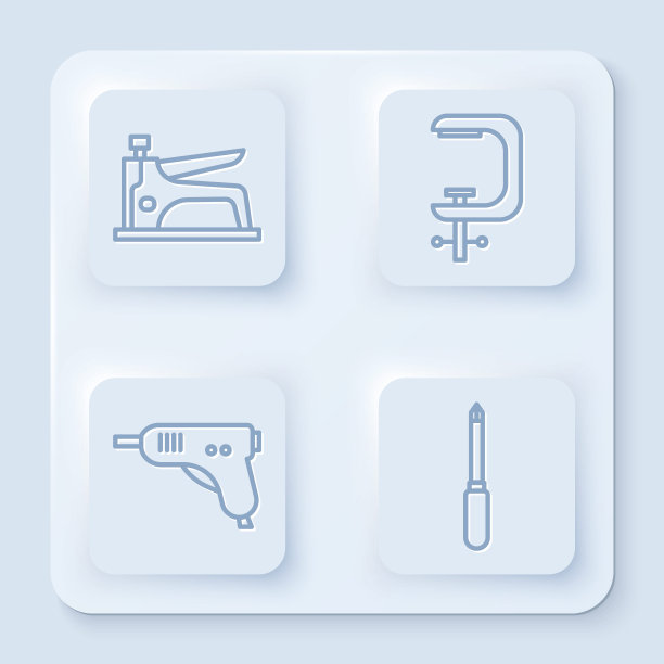 订线机，夹紧螺丝工具，电热胶枪，螺丝起子。白色正方形按钮。向量图片下载