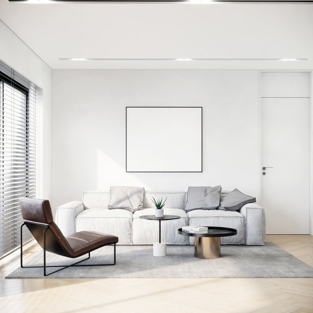 现代风格的客厅室内设计和白色墙壁上的空白画框，公寓和阳光从大窗户。三维渲染图片下载