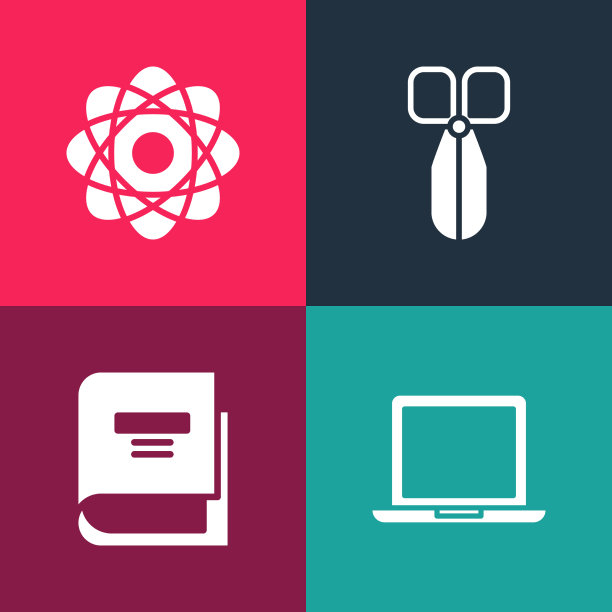 设置流行艺术笔记本书剪刀和原子图标图片下载