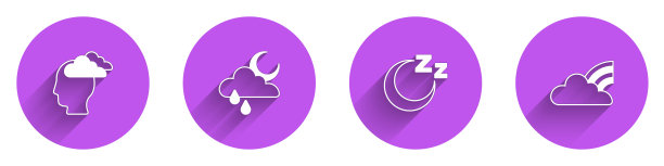 Set Man has headache, Cloud with rain and moon, Time to sleep和Rainbow clouds icon with long shadow。向量图片下载