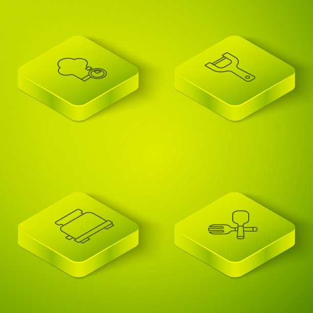 设置等距线蔬菜削皮器，烤面包机，交叉叉和勺子和厨师帽图标。向量图片下载