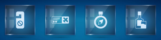 请不要打扰，机票，指南针和威士忌酒瓶和玻璃杯。方形玻璃面板。向量图片下载