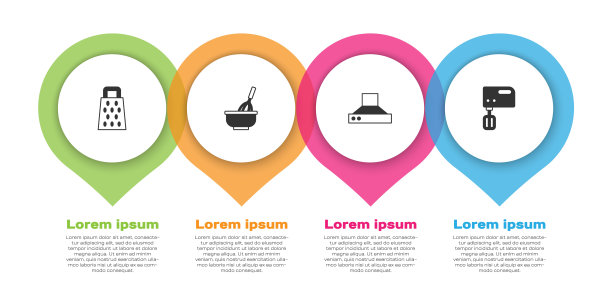 设置磨碎器，厨房搅拌器与碗，抽风机和电动搅拌机。业务信息模板。向量图片下载