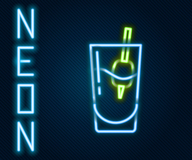 霓虹线鸡尾酒血腥玛丽图标孤立在黑色背景。色彩斑斓的轮廓的概念。向量图片下载