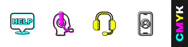 设置语音气泡与文本帮助，人耳机，耳机和电话24小时支持图标。向量图片下载