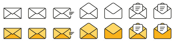 邮件信封。透明和彩色信封符号。联系我们集合。消息图标。邮政地址信号。黄色和黑色邮件收集。向量EPS 10图片下载