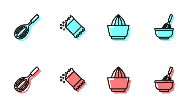 设置系列柑橘果汁机，厨房搅拌器，胡椒包和碗图标。向量图片下载