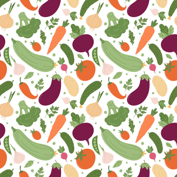 适用于各种夏季蔬菜的无缝图案。彩色蔬菜在一个简单的卡通风格在白色的背景。图片下载
