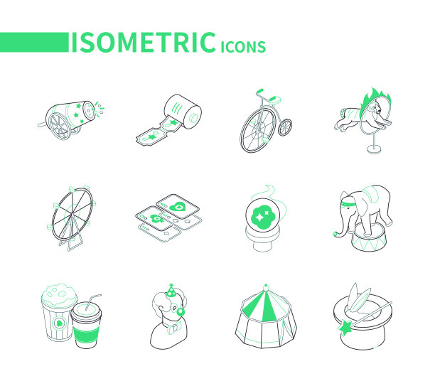 游乐园-现代线等距图标设置图片下载