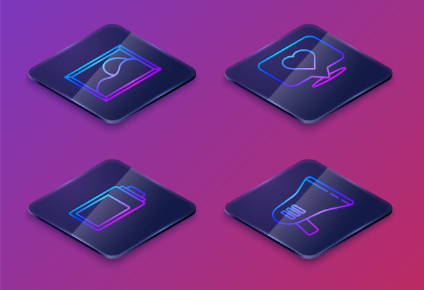 设置等距线图片景观，电池电量指示，喜欢和心和扩音器。蓝色方框按钮。向量图片下载