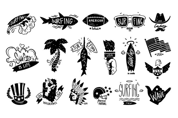 冲浪黑色复古标签集，美国荒野，美式足球徽章矢量插图图片下载