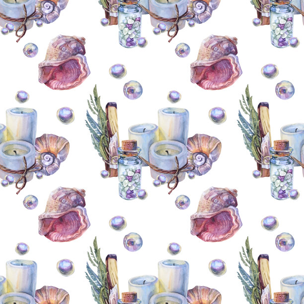 无缝模式水彩冥想集帕罗桑托绷带与草药，水晶，蜡烛，贝壳，珍珠。保持冷静、平衡、放松。手绘波西米亚瑜伽背景，包装，速写本，魔术图片下载