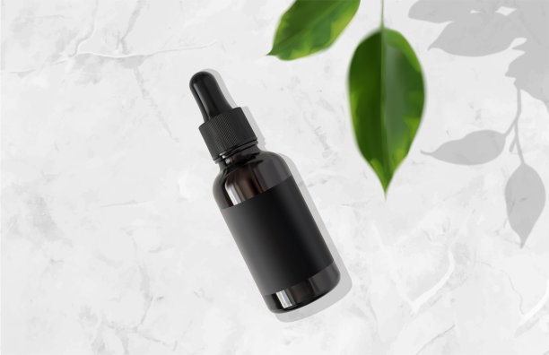 血清瓶与移液管和散焦叶子豪华大理石背景3d逼真的矢量插图，俯视图图片下载