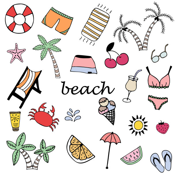 海滩夏季设置与手绘隔离图片下载