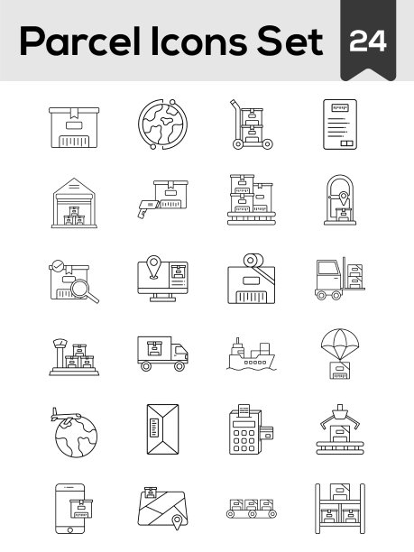 黑色线条艺术包裹图标设置在平面风格图片下载