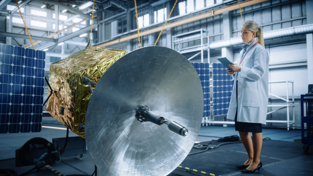 女工程师在建造卫星时使用数字平板电脑。航空航天局:科学家监督建造和组装空间探索任务的航天器图片下载