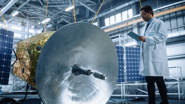 在卫星建设工作中，男性工程师使用数字平板电脑。航空航天局:科学家监督建造和装配空间探索任务的航天器图片下载