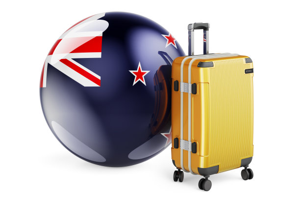 带有新西兰国旗的手提箱。新西兰旅游概念，3D渲染孤立的白色背景图片下载