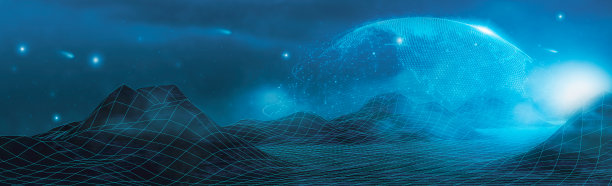 未来的波浪，线框景观山，天空云背景，山谷结构，科幻霓虹灯辉光网络网格连接，抽象3d技术插图，3d渲染，横幅头部全景图片下载