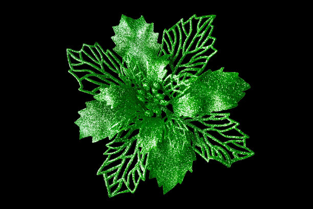 绿色花朵暗黑色背景孤立近，美丽的绿色金属花朵，闪亮的金属叶子，花卉图案，圣诞树装饰，新年装饰，复古装饰设计元素图片下载