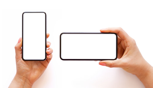 手机与空白的白色屏幕在手水平和垂直方向，孤立在白色背景图片下载