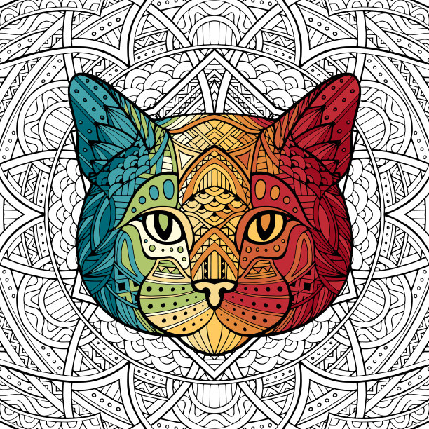 图案猫，kitty头在涂鸦风格的白色背景通过与彩色梯度。手工绘制的部落装饰。系列民族动物。非洲人,印度人。曼荼罗。点缀。向量图片下载