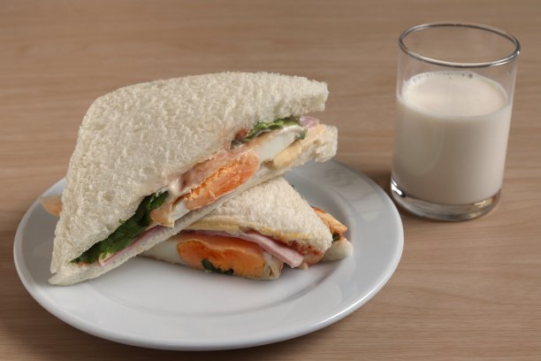 早餐有煎蛋三明治、火腿白盘图片下载