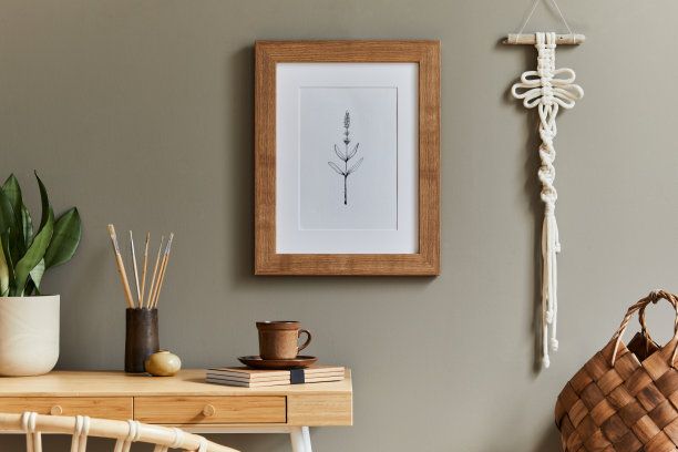 时尚波西米亚风格的室内家庭办公空间，木制书桌，藤扶手椅，棕色模拟海报框，流苏，办公用品，灯，装饰和优雅的个人饰品在家居装饰。图片下载