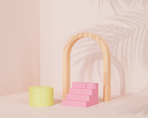 裙台或基座与拱门和楼梯的产品或广告在淡黄色背景与热带叶阴影，3d插图渲染图片下载