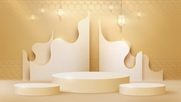 豪华抽象的背景场景。灯和金色曲线线条配合圆柱形裙台展示产品。伊斯兰的新年观念。写实剪纸风格。图片下载
