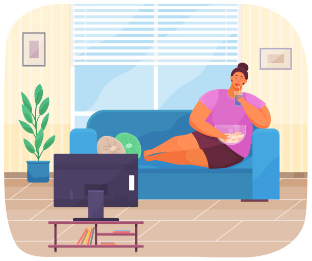 胖女孩躺在家里的沙发上，有不良的生活方式。吃垃圾食品的胖女人图片下载