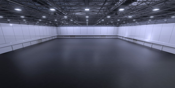 展览中心空荡荡的大厅。展台背景，展台元素。会议会话中心。大型娱乐场所，音乐会，活动。室内运动场。仓库储存产品。3 d渲染。图片下载