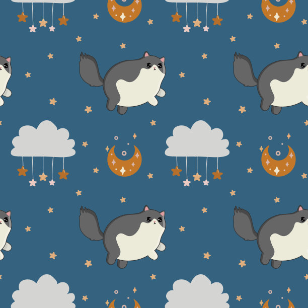 无缝矢量图案猫，星星和月亮。时尚的婴儿纹理织物，墙纸，服装，包装图片下载