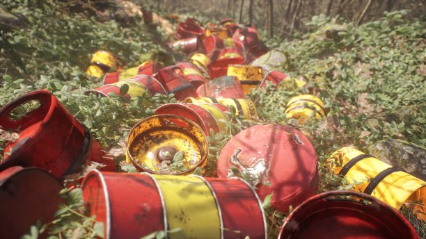 在绿色森林里的一个垃圾场，有毒的桶，有毒的化学物质毒害自然和环境。污染环境的概念。3 d渲染。图片下载