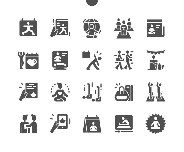 6月21日国际瑜伽日：瑜伽课程、日历、放松、瑜伽垫和包、健身锻炼矢量图标图片下载