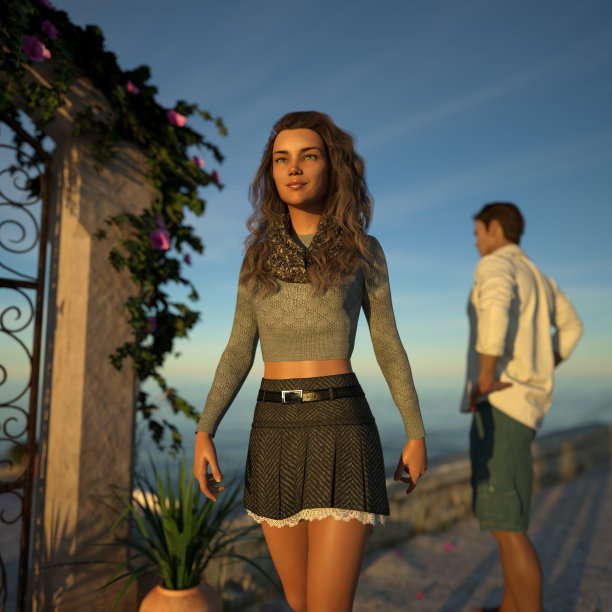 日落时分，一个女人从一个男人身边走开图片下载