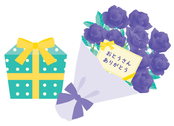 父亲节的玫瑰花束、日本信和礼物盒。图片下载