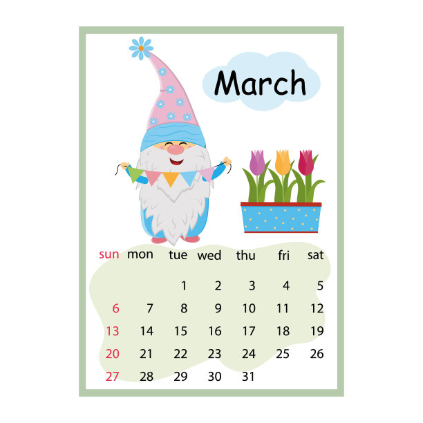 设计师设计的日历为2022年3月，可爱的小矮人人物在郁金香的背景上拿着一个花环图片下载