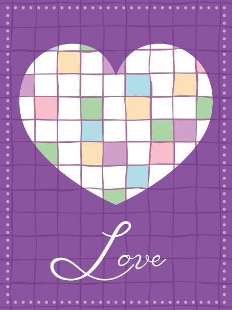 彩色涂鸦无缝格子图案。卡片与心剪影符号框架。用钢笔手绘线条。紫色重复背景。图片下载