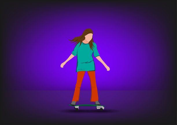 图形图像女孩卡通人物骑着滑板或冲浪滑板站在紫色背景矢量插图图片下载
