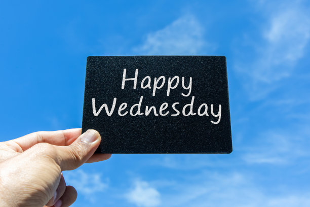 有云彩和天空背景的星期三快乐卡片图片下载