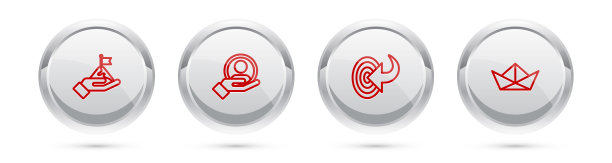 设置有旗帜的山脉线，搜救手，目标和折叠纸船。银圈按钮。向量图片下载