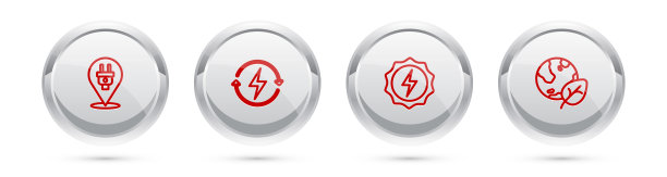 设置电源插头、充电、闪电、地球仪和叶片。银圈按钮。向量图片下载