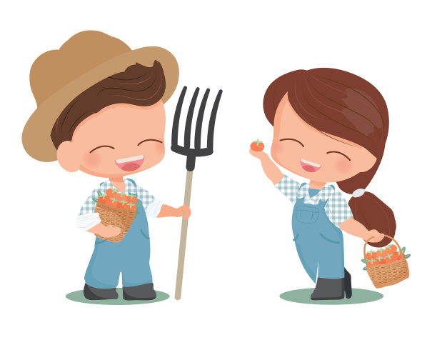 可爱的平式年轻夫妇收获柿子或橙色的果实孤立在白色的背景图片下载