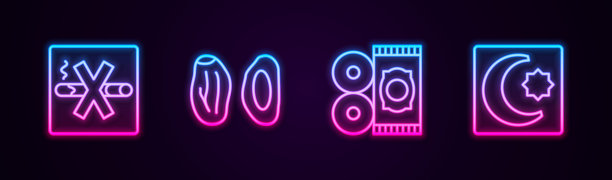 禁止吸烟，红枣，传统地毯，星星和月牙。发光的霓虹灯图标。向量图片下载