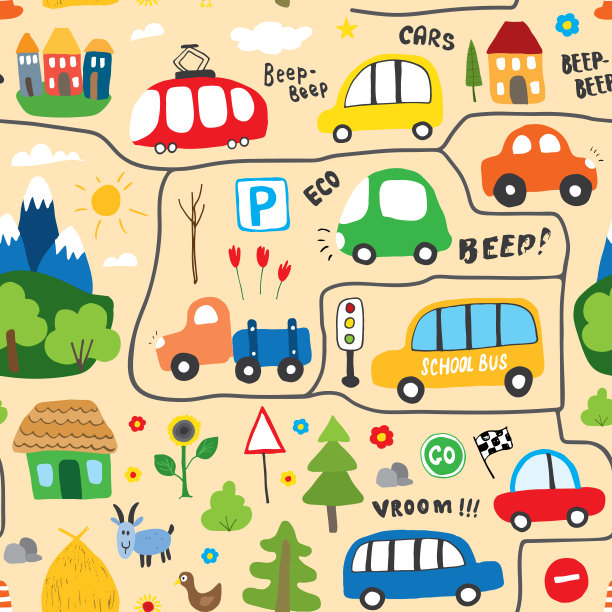 可爱的汽车无缝图案，卡通交通涂鸦背景，矢量插图图片下载